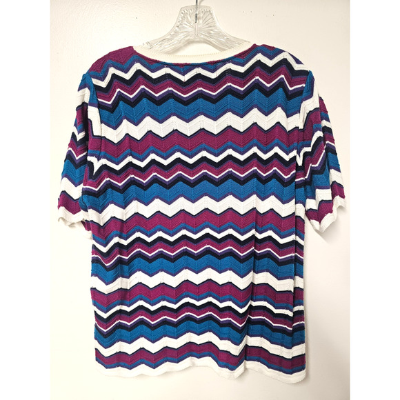 Vtg Crochet Chevron Striped Top Sz Med Womens Short Sleeve Grandmacore Scalloped - Picture 2 of 6